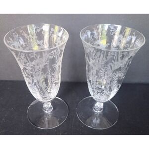 Vintage Morgantown Milan Etched Floral Crystal Iced Tea Water Goblets  Set of 2